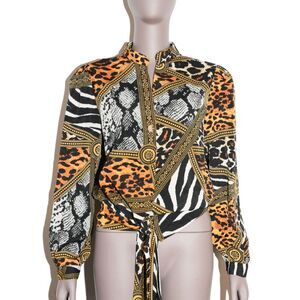 Animal‎ Print Long Sleeve Wrap Blouse Top Womens Evening Chic Medium